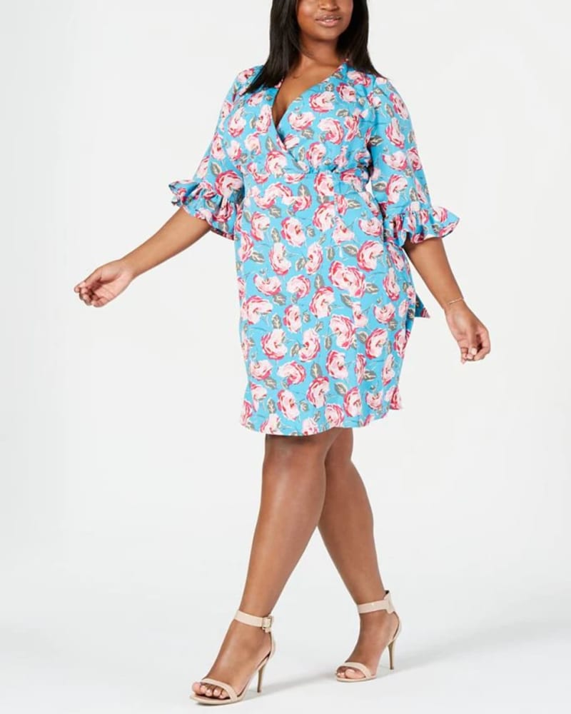 Front of a model wearing a size 14W Betsey Johnson Women's Plus Floral Ruffled Party Dress Blue Size 14W in Blue by Betsey Johnson. | dia_product_style_image_id:312966